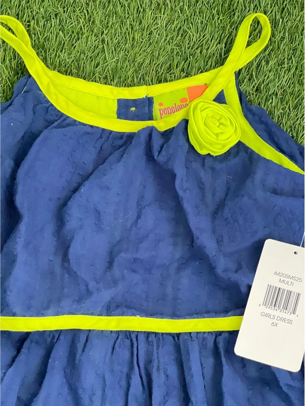Penelope Mack Girls 6X Blue Tiered Dress with Neon Yellow Trim